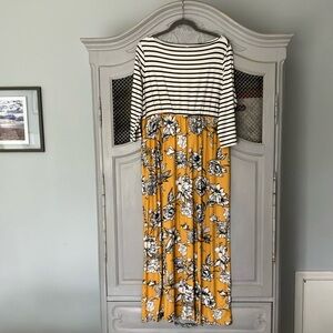 Chic Soul Striped and Floral Maxi Dress - Black, White, Yellow